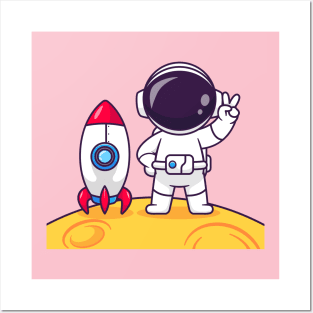 Cute Astronaut Peace On Moon With Rocket Cartoon Posters and Art